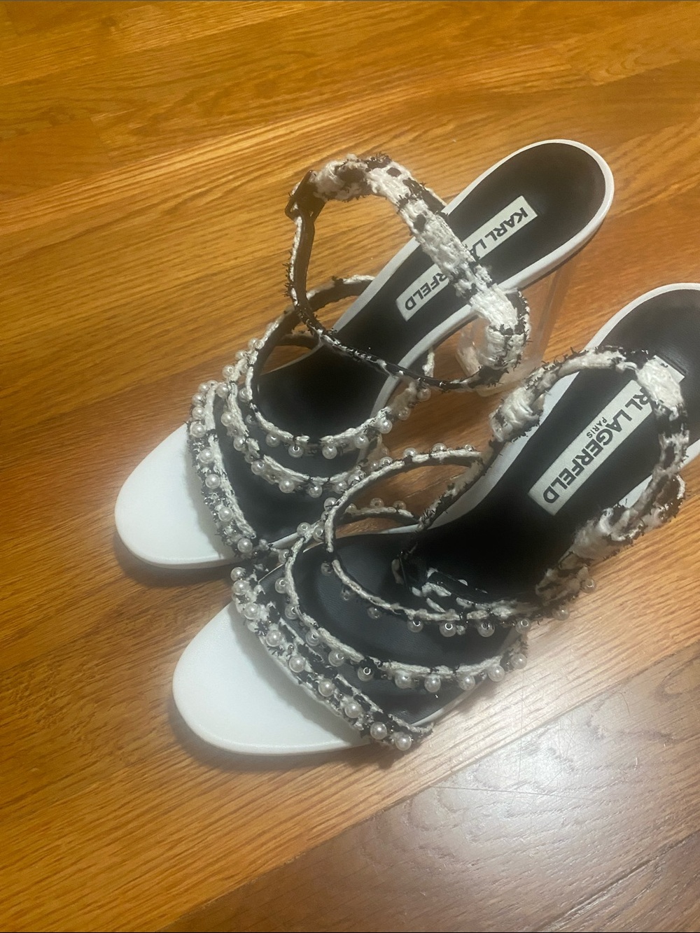 Karl Lagerfeld Black & White Pearl-Accented Tweed Strappy Heels - Picture 7 of 13